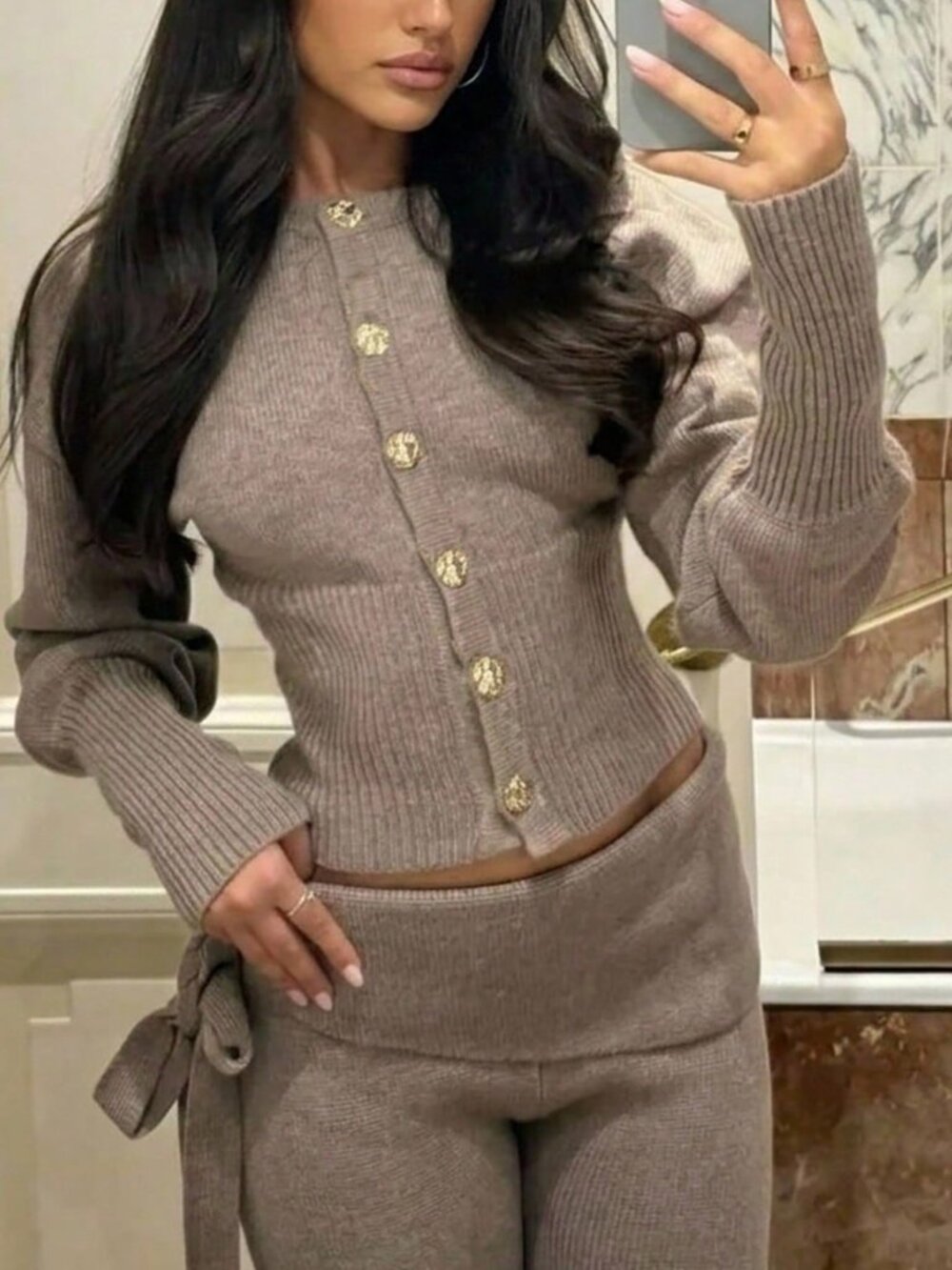 Mocha Brown Casual Women's Long Sleeve Ribbed Slim Fit Waist Cardigan